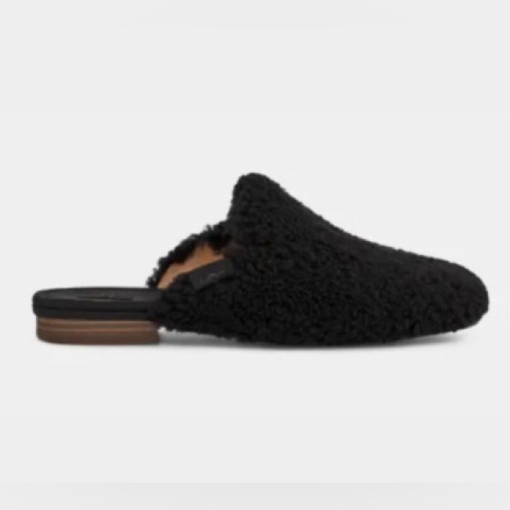 UGG Janaya Cozy Mule Black Curly Sheepskin Fur Lined Slip On Flats
